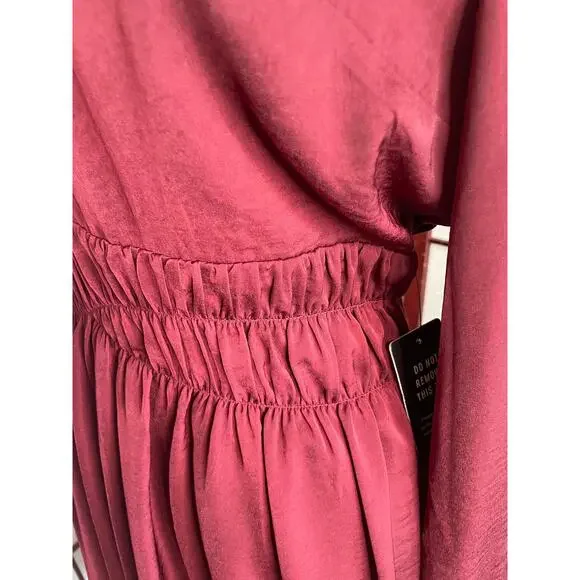 Express Burgundy Satin Long Sleeve V-Neck Mini Dress Size M - Picture 7 of 8